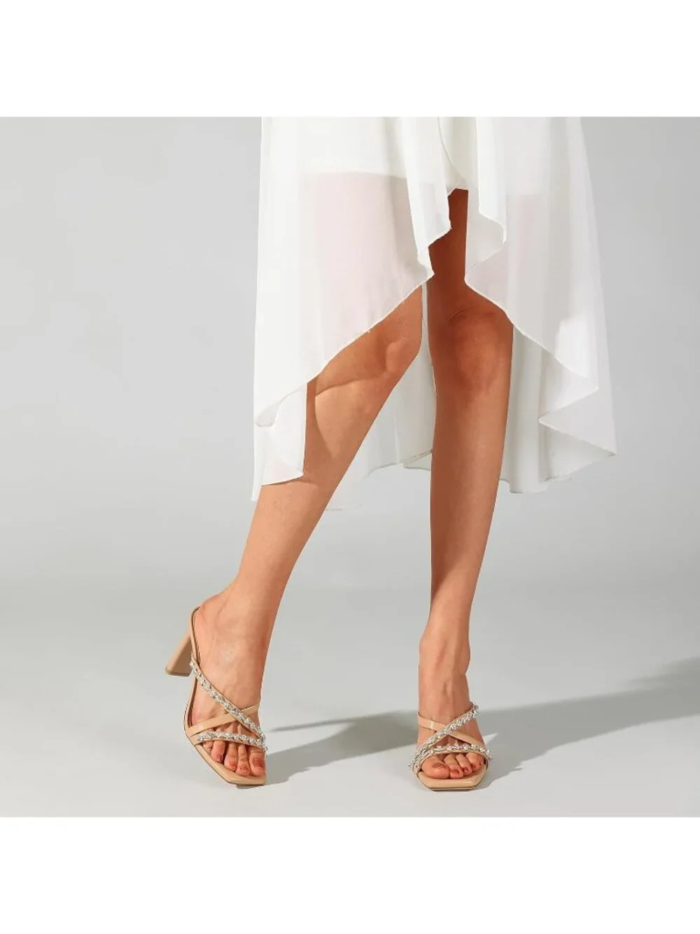 Women's Nude Slip On Chunky Heels Square Open Toe Heeled Sandals 3.2 Inch Heels